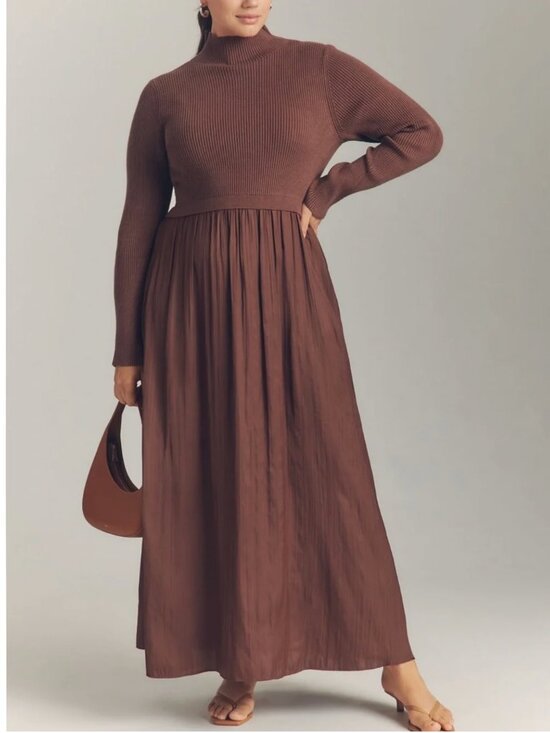 Anthropologie Dresses & Skirts - Anthropologie Twofer Knit Ribbed Satin Pleated Maxi Dress Size 2X Brown